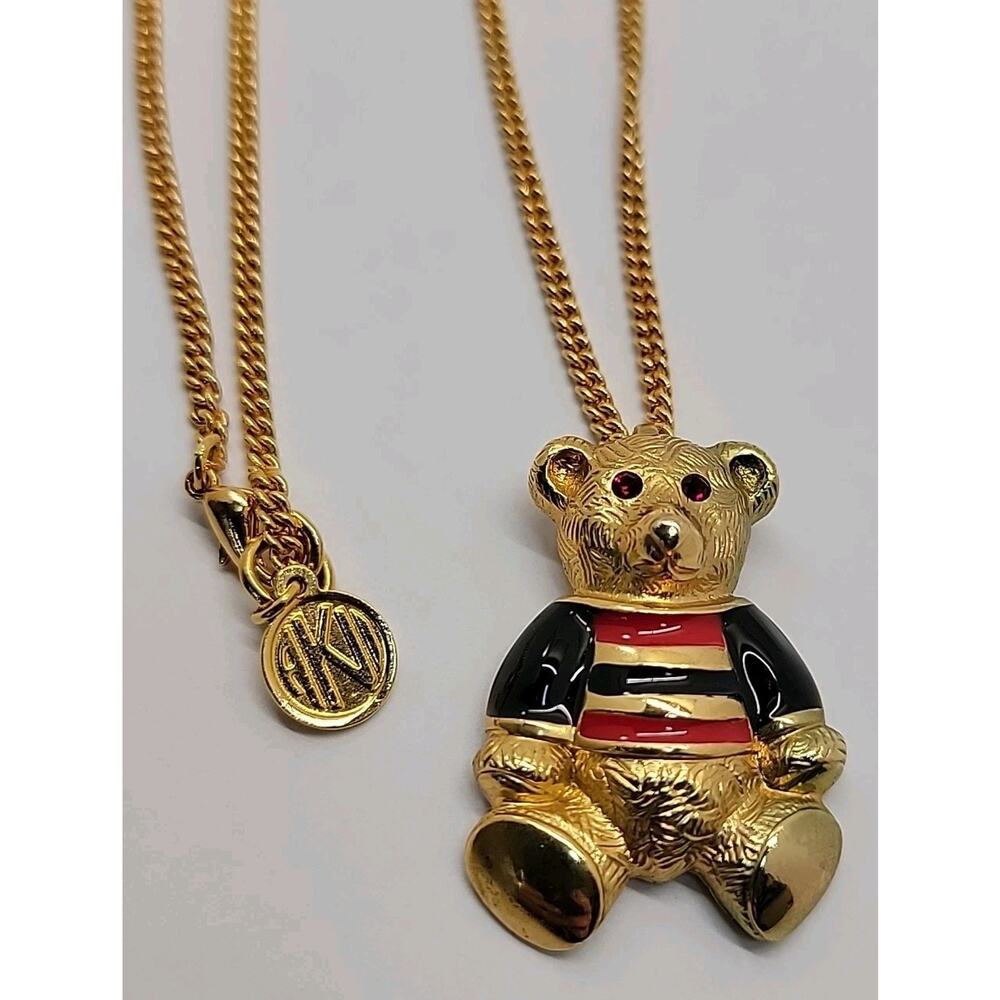 ANNE KLEIN II Vintage Enamel Bear Pendant 30 Inch Chain Necklace Goldtone Signed